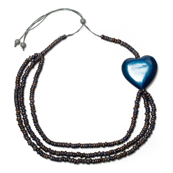 Triple Strand Coconut & Wood Heart Necklace