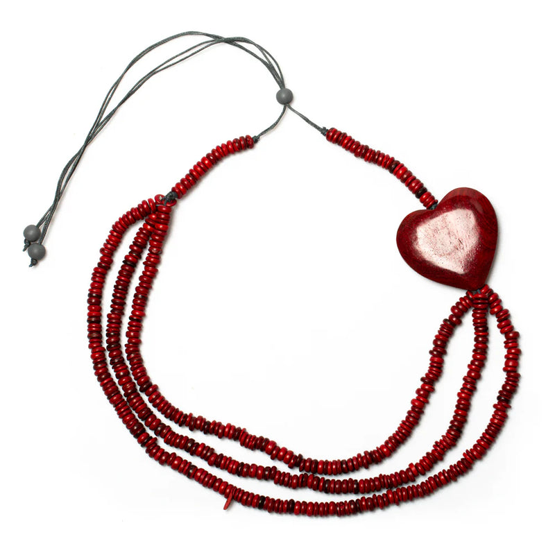 Triple Strand Coconut & Wood Heart Necklace