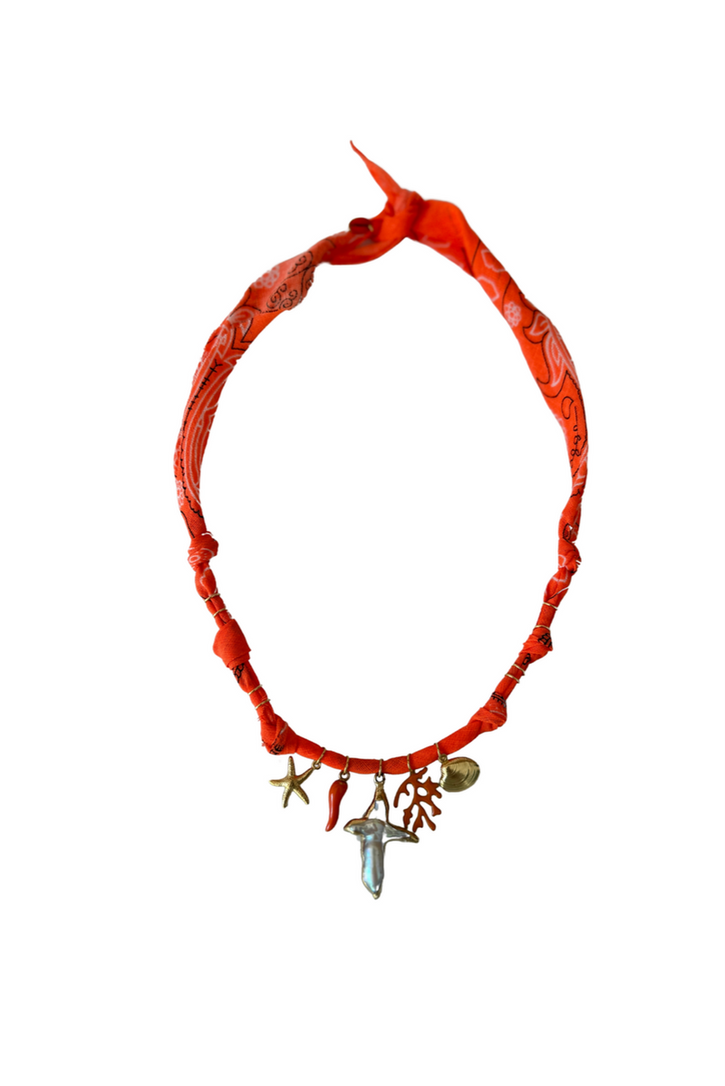 Golden Fluo Orange Pearl Cross Necklace