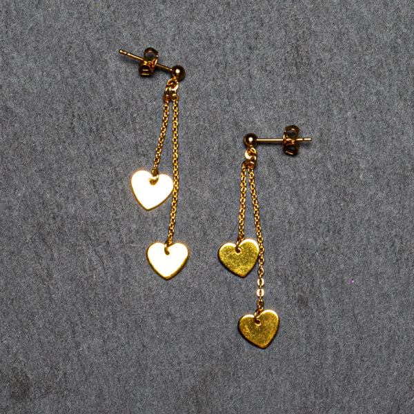 Double Drop Heart Chain Earrings GOLD