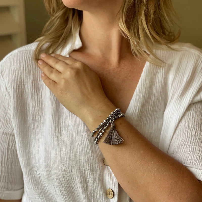 Triple Strand Crystal Bead Bracelet with Tassel