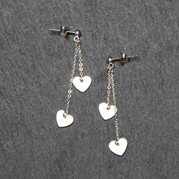 Double Drop Heart Chain Earrings SILVER