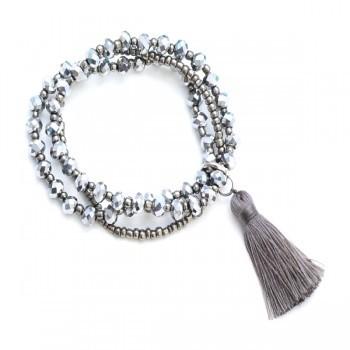 Triple Strand Crystal Bead Bracelet with Tassel