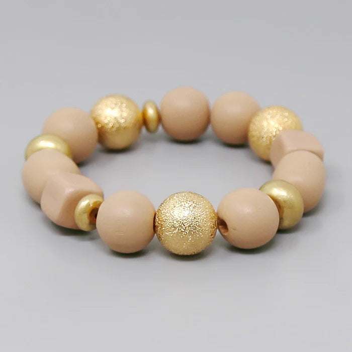 Textured Wood Beaded Stretch Bracelet